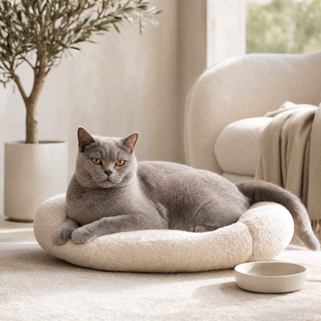 Grauer Katze auf beigem Bett